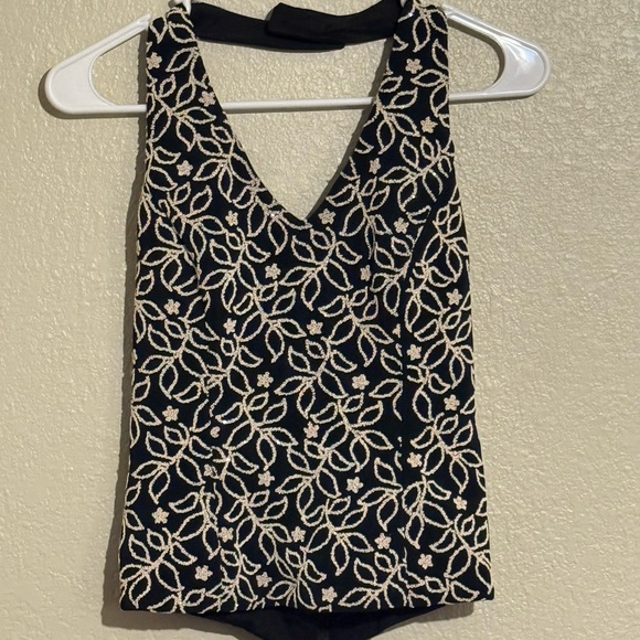 Elegant Black and Cream Beaded Women's Halter Top - Picture 1 of 2